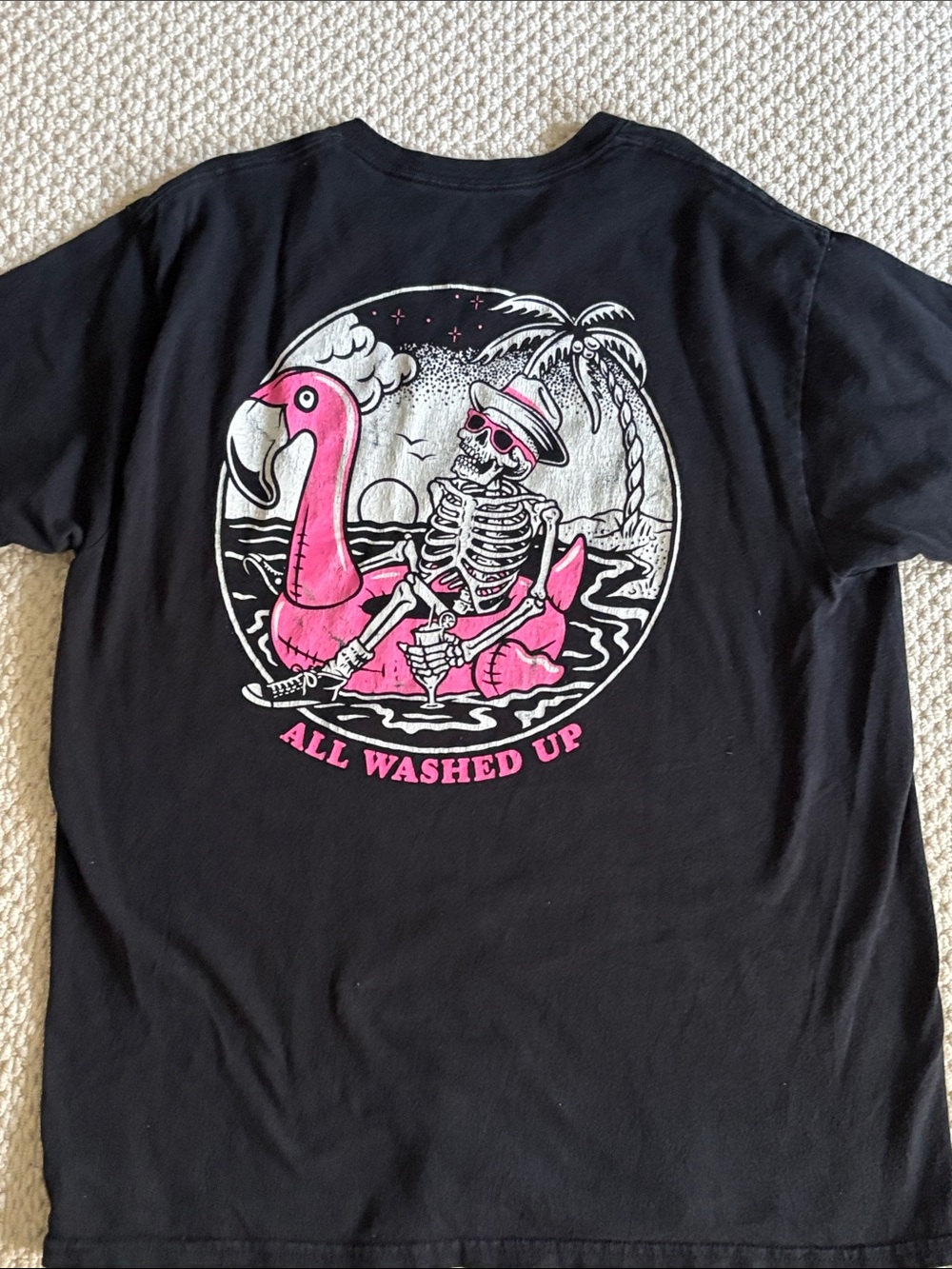 Black Retrifit Graphic Tee with Pink Flamingo Float - All Washed Up